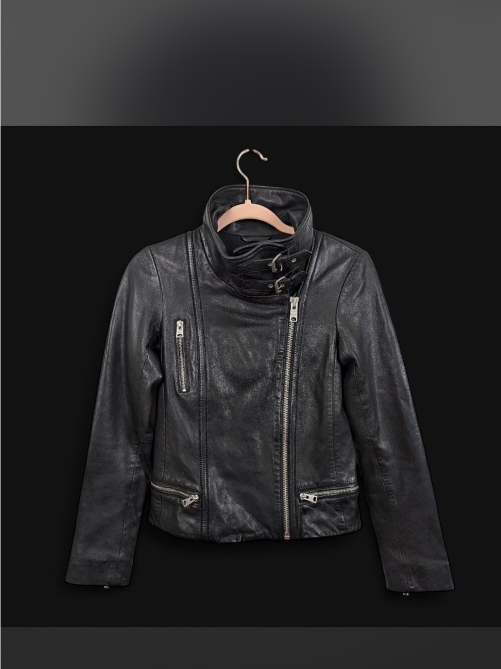 All Saints Black Leather Asymmetric Moto Jacket with Buckle Collar